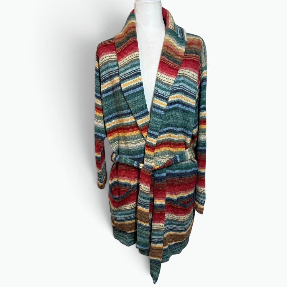 Lauren Ralph Lauren 1X Hand Knit Linen Cotton Southwestern Serape Belt Cardigan